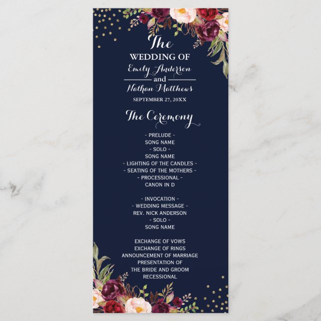 Burgundy Gold Navy Confetti Floral Wedding Program (Front)