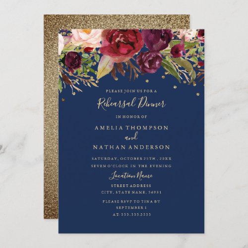 Burgundy Gold Navy Floral Rehearsal Dinner Invitation