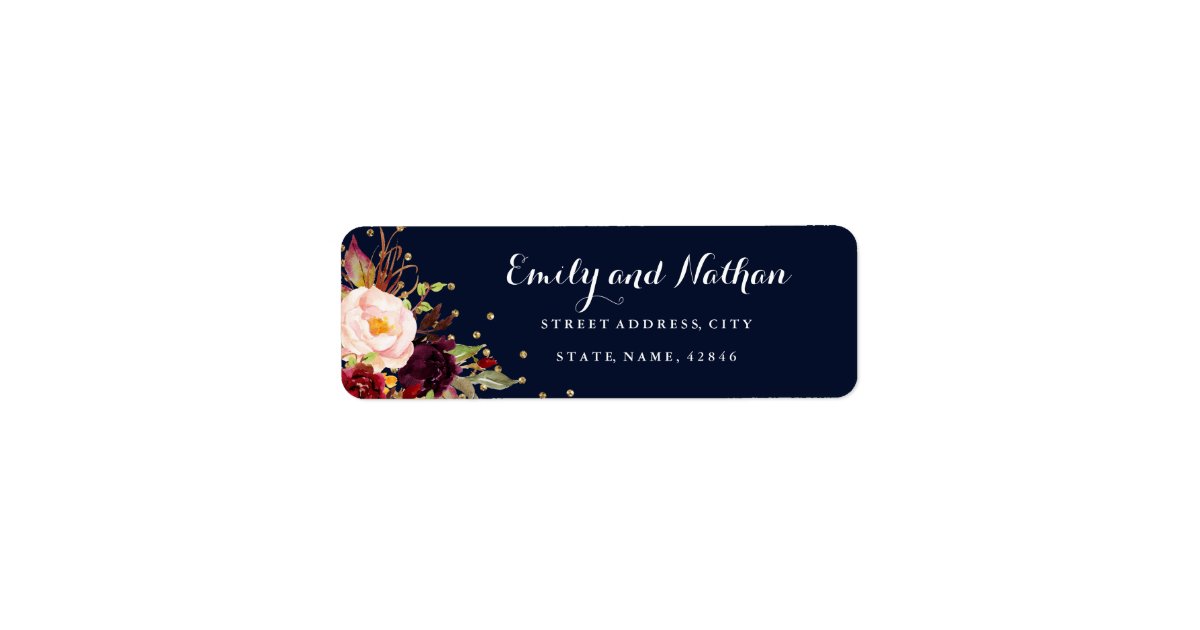 Burgundy Gold Navy Floral Return Address Label | Zazzle