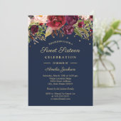 Burgundy Gold Navy Floral Watercolor Sweet Sixteen Invitation (Standing Front)