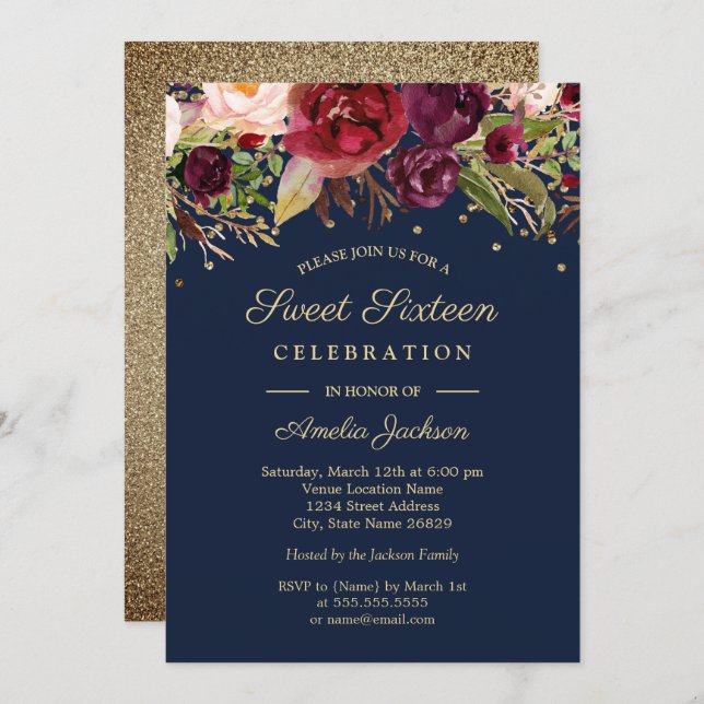 Burgundy Gold Navy Floral Watercolor Sweet Sixteen Invitation (Front/Back)