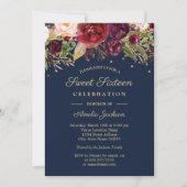 Burgundy Gold Navy Floral Watercolor Sweet Sixteen Invitation (Front)