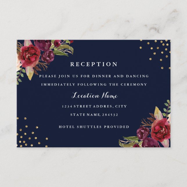 Burgundy Gold Navy Floral Wedding Reception Card (Front)