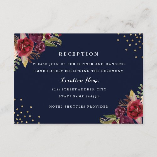 Burgundy Gold Navy Floral Wedding Reception Card