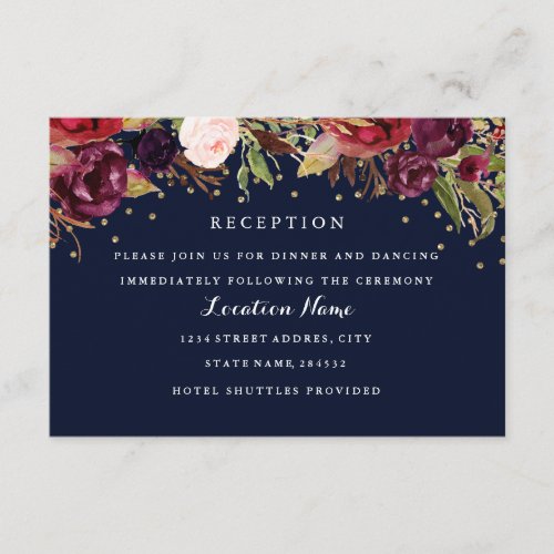 Burgundy Gold Navy Floral Wedding Reception Card