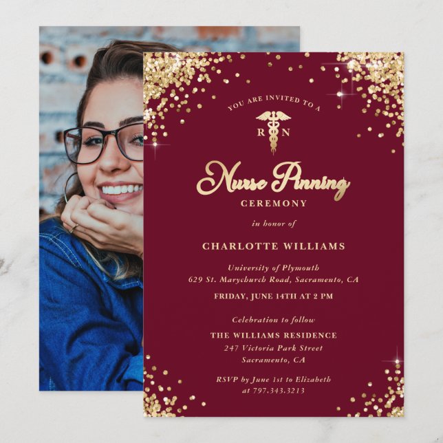 Burgundy Gold Nurse Pinning Ceremony Photo Invitation (Front/Back)