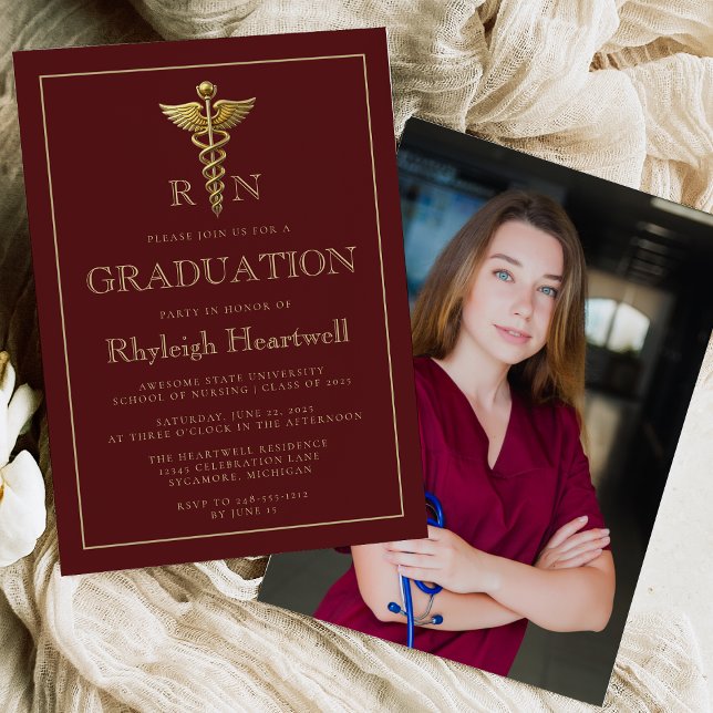 Burgundy Gold Nurse RN Photo Graduation Party Invitation (Creator Uploaded)