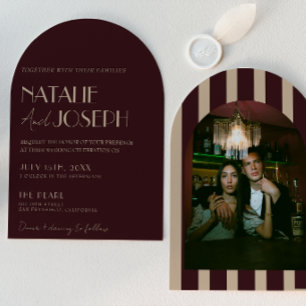 Burgundy Gold Old Money Arched Photo Wedding  Invitation