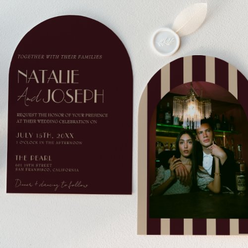 Burgundy Gold Old Money Arched Photo Wedding Invitation