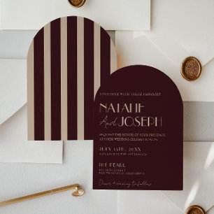 Burgundy Gold Old Money Stripes Arched Wedding  Invitation