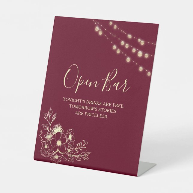Burgundy Gold Open Bar Wedding Sign (Front)