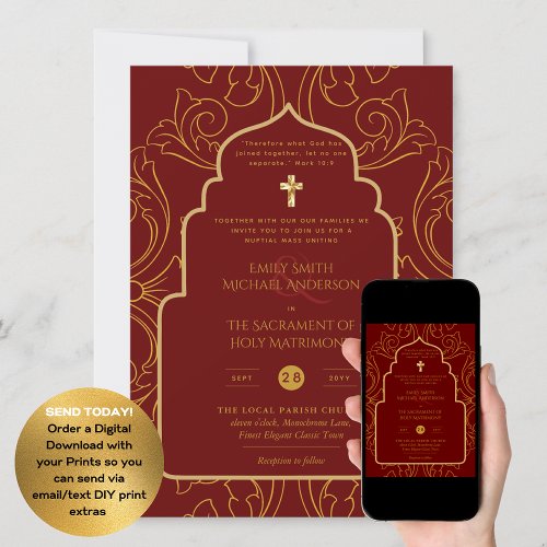 Burgundy Gold Ornate Catholic Nuptial Mass Wedding Invitation