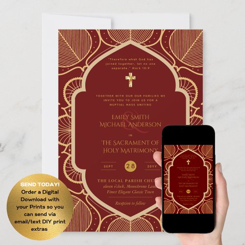 Burgundy Gold Ornate Catholic Nuptial Mass Wedding Invitation