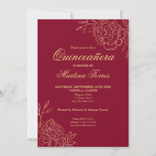 Burgundy Gold Outline Flowers Floral Quinceanera Invitation