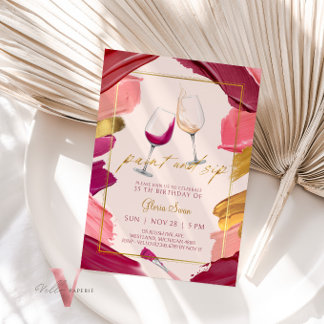 Burgundy Gold Paint and Sip Birthday Invitation