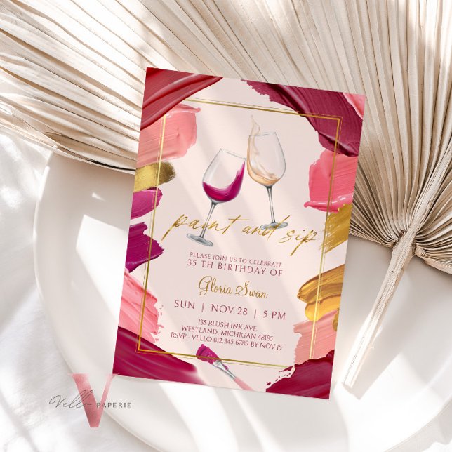 Burgundy Gold Paint and Sip Birthday Invitation (Creator Uploaded)