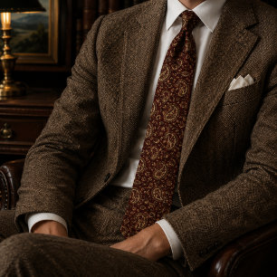 Burgundy Gold Paisley Vintage Ornate Pattern Neck Tie