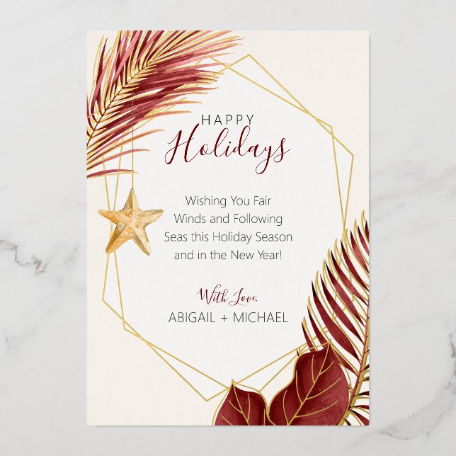 Burgundy & Gold Palm Tree Tropical Beach Christmas Foil Holiday Card (Front)