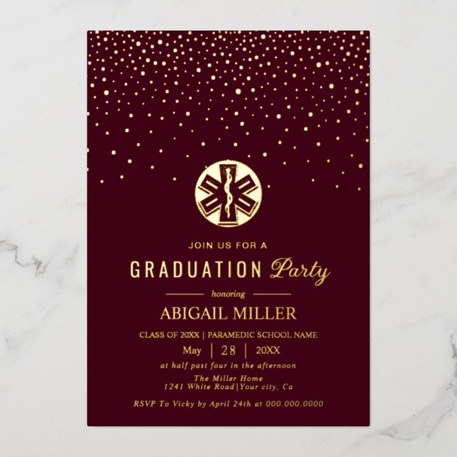 Burgundy, gold paramedic Class Of 2026 graduation Foil Invitation (Front)