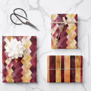 Burgundy Gold Peach Zigzag Christmas Wrapping Paper Sheets
