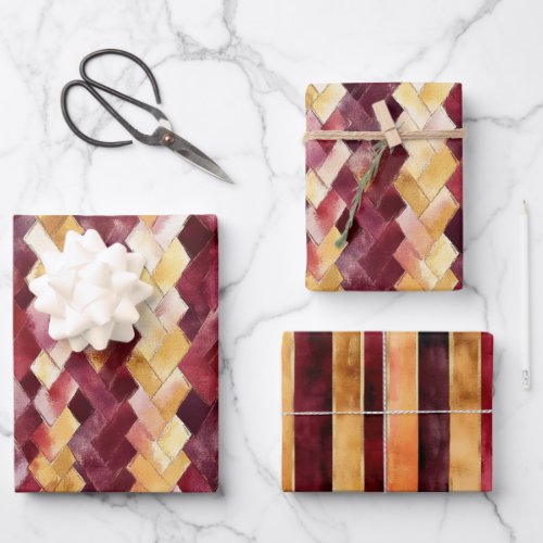 Burgundy Gold Peach Zigzag Christmas Wrapping Paper Sheets