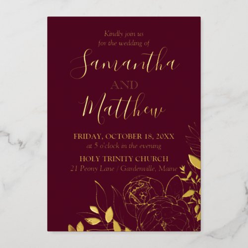 Burgundy  Gold Peony Modern Floral Wedding Foil Invitation