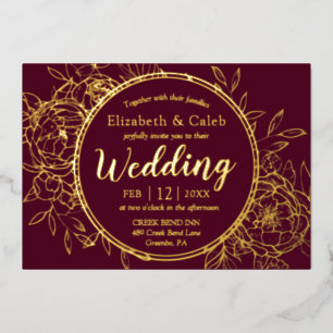 Burgundy & Gold Peony Modern Toile Wedding Foil Invitation