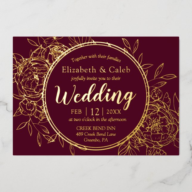 Burgundy & Gold Peony Modern Toile Wedding Foil Invitation (Front)