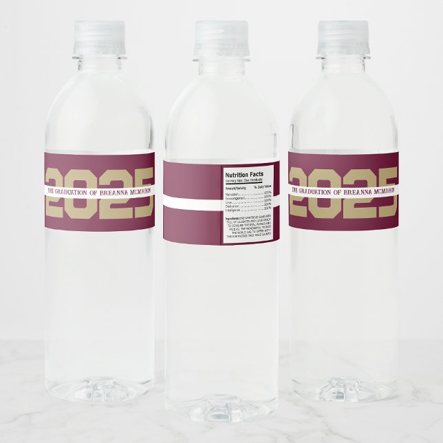 Burgundy & Gold Personalized Graduation Water Bottle Label (Creator Uploaded)