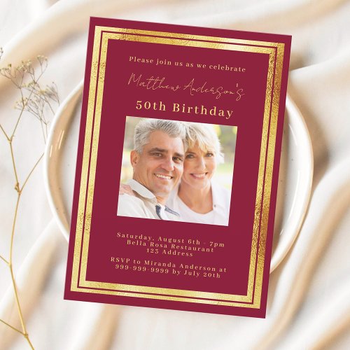 Burgundy gold photo birthday invitation