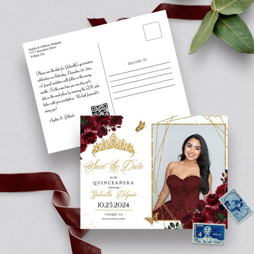 Burgundy Gold Photo Card Quinceaera Save The Date