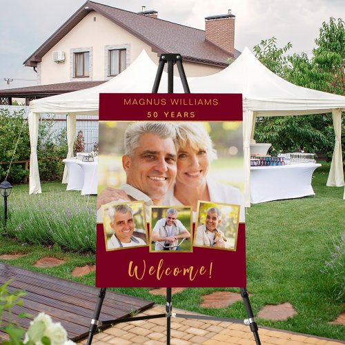 Burgundy gold photo collage birthday party welcome foam board