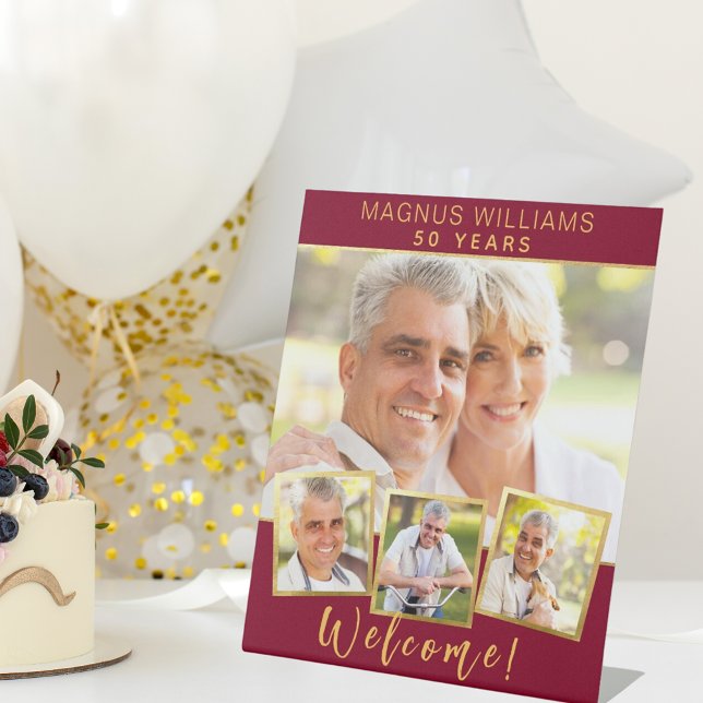 Burgundy gold photo collage birthday party welcome pedestal sign (Creator Uploaded)