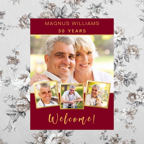 Burgundy gold photo collage birthday party welcome poster