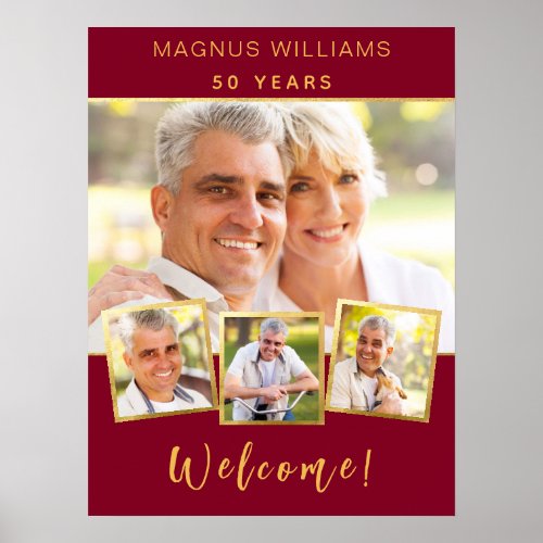 Burgundy gold photo collage birthday party welcome poster
