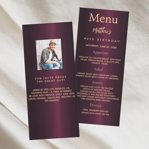 Burgundy gold photo fun facts birthday menu card