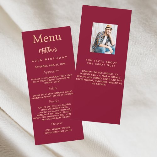 Burgundy gold photo fun facts birthday menu card