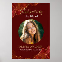 Burgundy & Gold Photo Funeral Memorial Sign