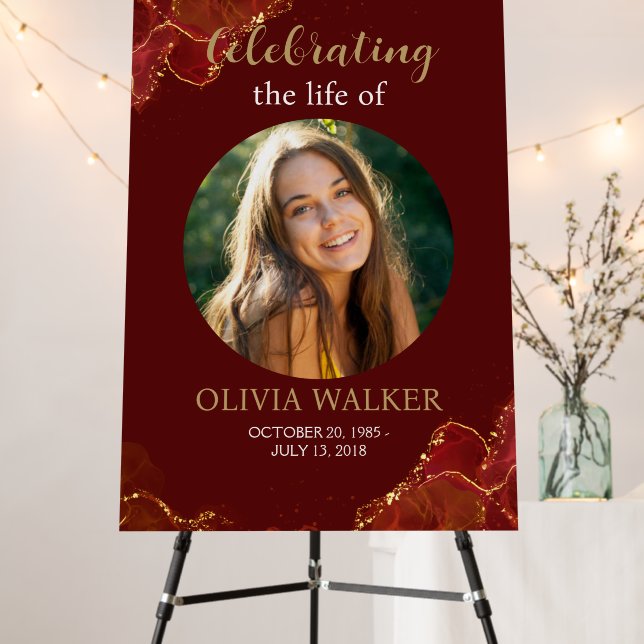 Burgundy & Gold Photo Funeral Memorial Sign (In Situ (Stand))