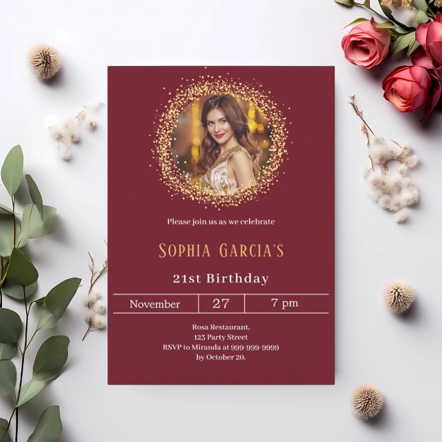 Burgundy gold photo glitter birthday invitation (Creator Uploaded)