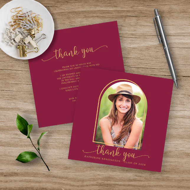 Burgundy Gold Photo Graduation Thank You Invitation | Zazzle