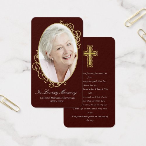 Burgundy Gold Photo Memorial Funeral Prayer Card