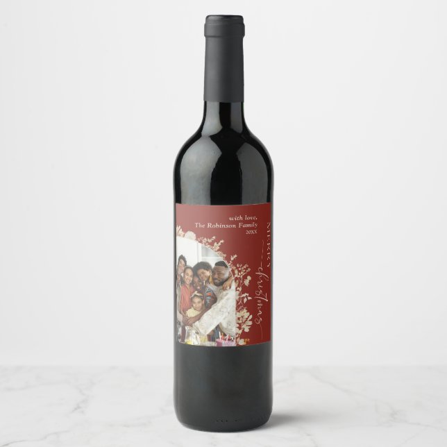 Burgundy Gold Photo Merry Christmas  Wine Label (Front)