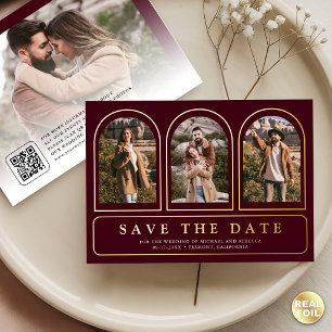 Burgundy Gold Photo QR Code Wedding Save the Date Foil Invitation