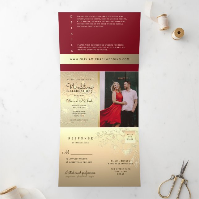 Burgundy Gold Photo Tri-Fold Wedding Invite (Inside)