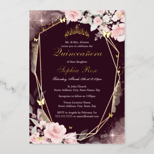 Burgundy Gold Pink Butterfly Floral Quinceanera Foil Invitation