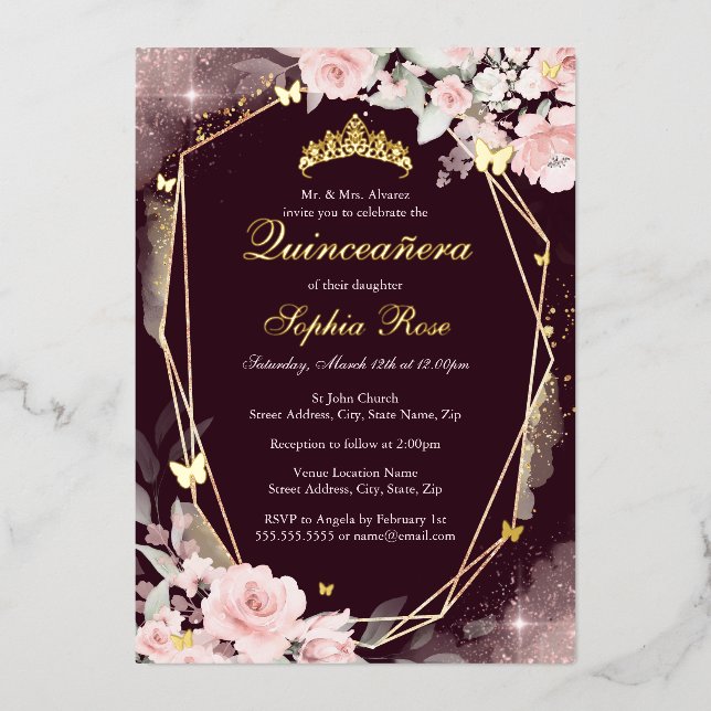 Burgundy Gold Pink Butterfly Floral Quinceanera Foil Invitation (Front)