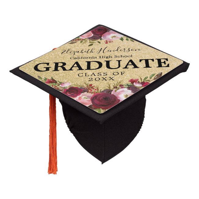 Burgundy Gold Pink Floral Graduation 2020 Graduation Cap Topper