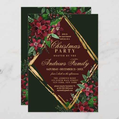 Burgundy Gold Poinsettia Floral Christmas Party Invitation