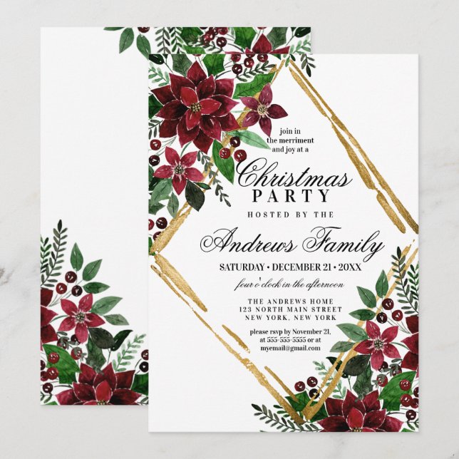 Burgundy Gold Poinsettia Floral Christmas Party Invitation (Front/Back)